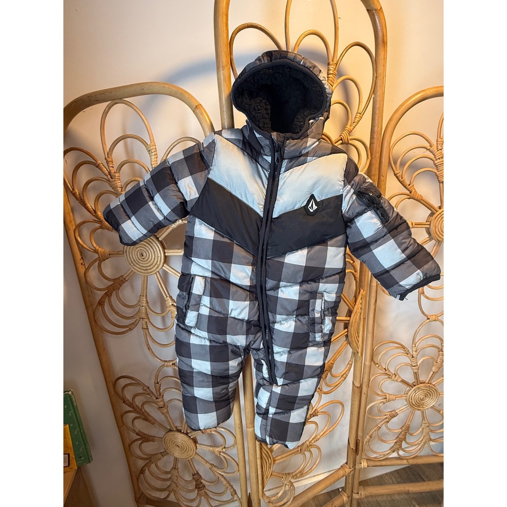 Volcom Infant Snowsuit Buffalo Plaid Puffer Bunting Grey Black Sherpa‎